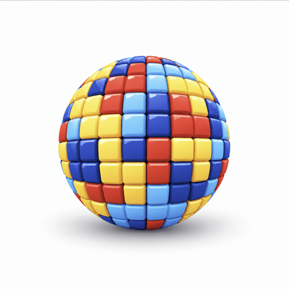 The BlastStocks block sphere: rounded red, yellow, deep-blue and sky-blue blocks forming a sphere.